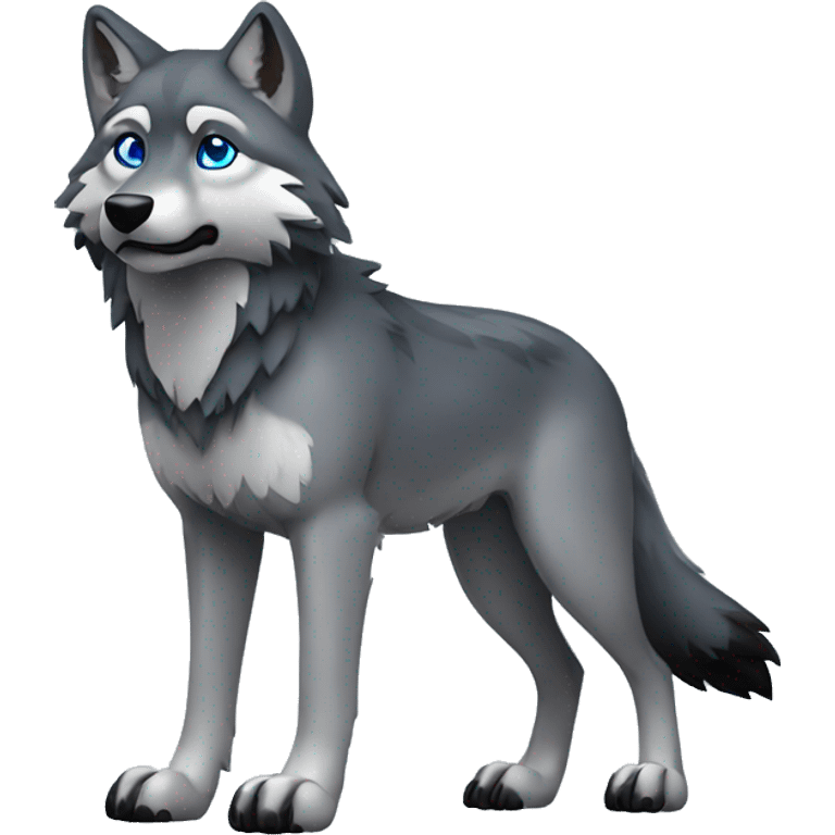 Grey wolf with black paws, black muzzle, black tail. with blue eyes. full body emoji