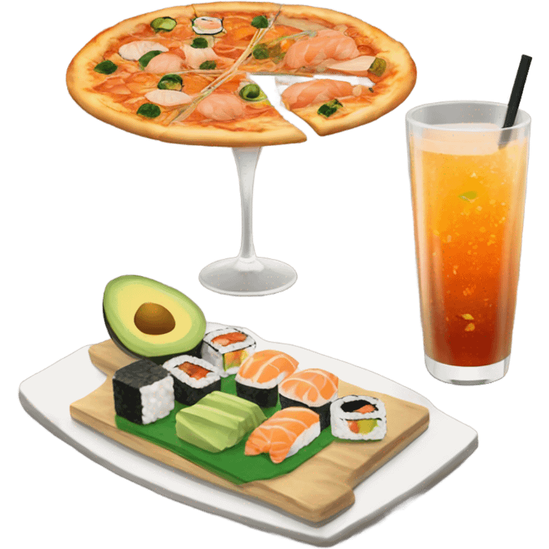 pizza with sushi and a drink emoji