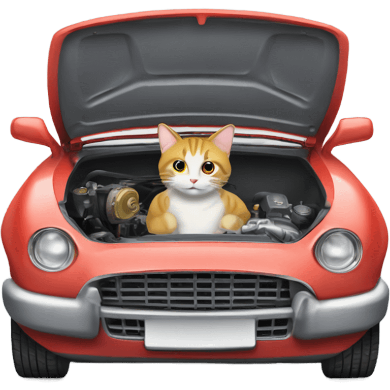 A cartoon emoji-style car with a curious cat peeking out from the open hood of the engine compartment. emoji