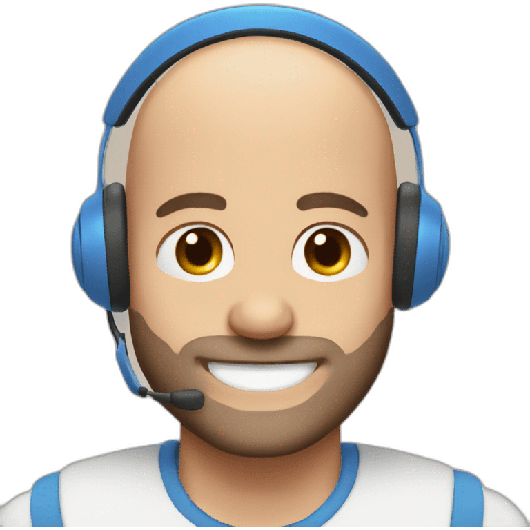 bald man smiling with reddish patchy beard blue eyes wearing a headset emoji