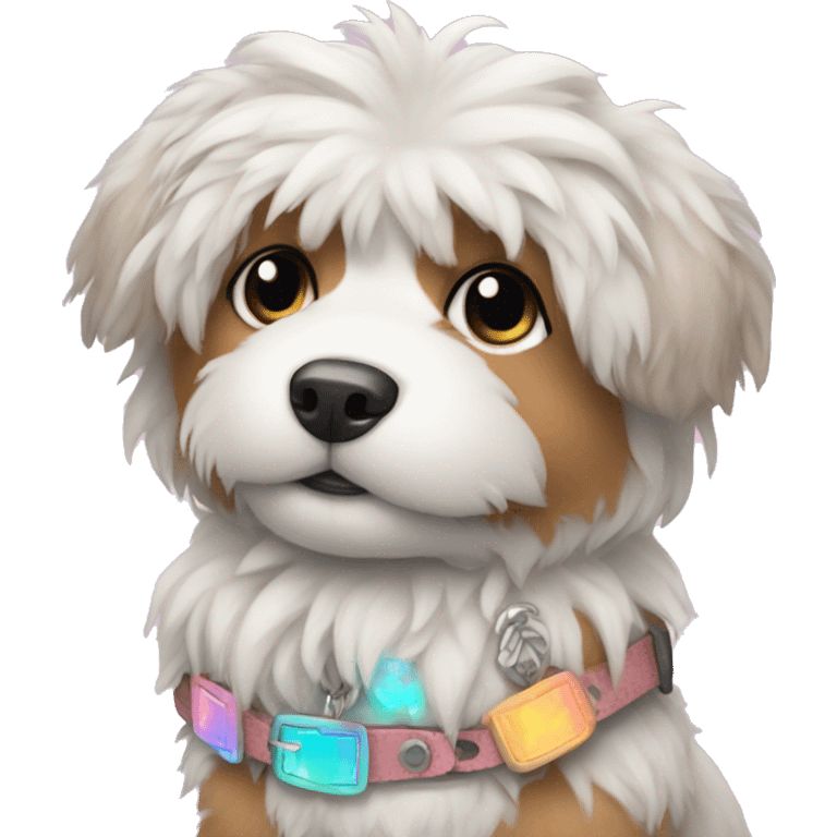 Fluffy dog with tattoos and holographic harness emoji