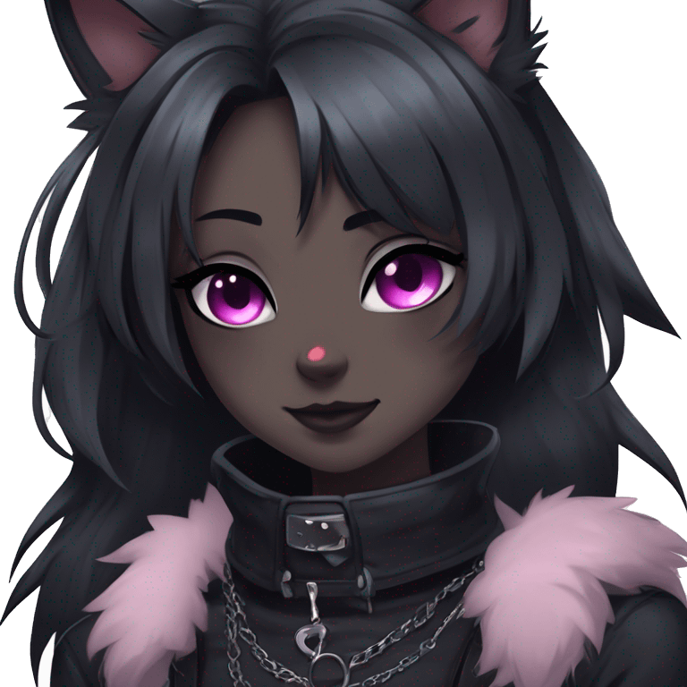 Gorgeous furry gothic dark techwear anime style anthro black cat furry sona with blushing face aesthetic and pretty edgy black with collar and harness trending style emoji