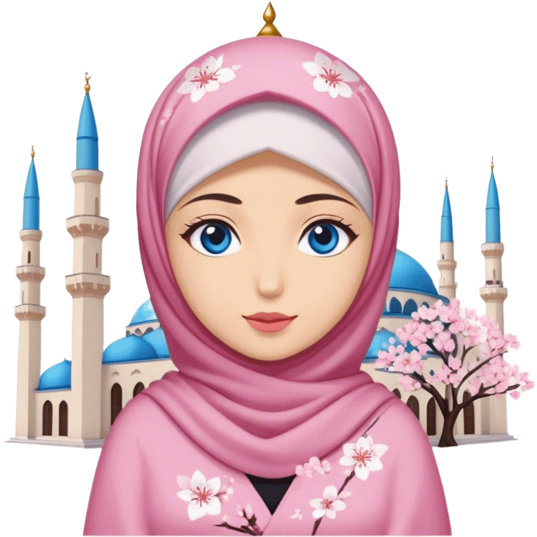 Turkish beautiful finish Konya girl blue eyes with hijab and cherry blossom dress on mosque emoji