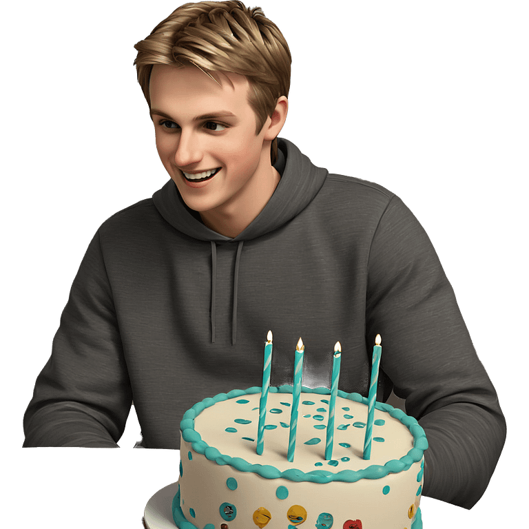 smiling boy with cake indoors emoji