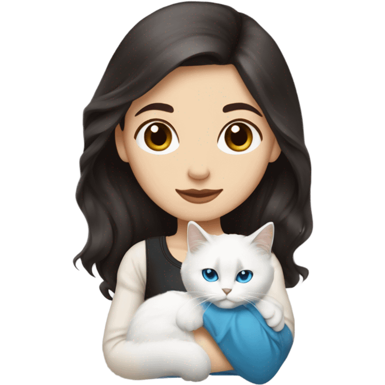 woman with dark hair and holding a all white Siberian cat with blue eyes emoji