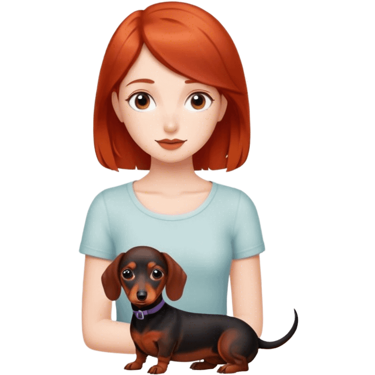 Red haired girl with black short haired dachshund  emoji