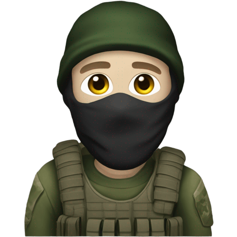 white male, pale skin, call of duty dark mask, green camo tactical gear, combat boots, beanie, hazel eyes emoji