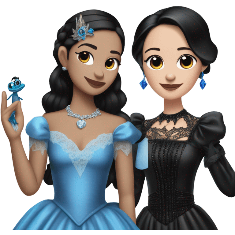 relaxed low-cut back silky black evening ball gown with lace gloves, Jenna Ortega as Wednesday Addams wearing a mini diamond tiara showing off a cute blue horned dragon hand puppet emoji