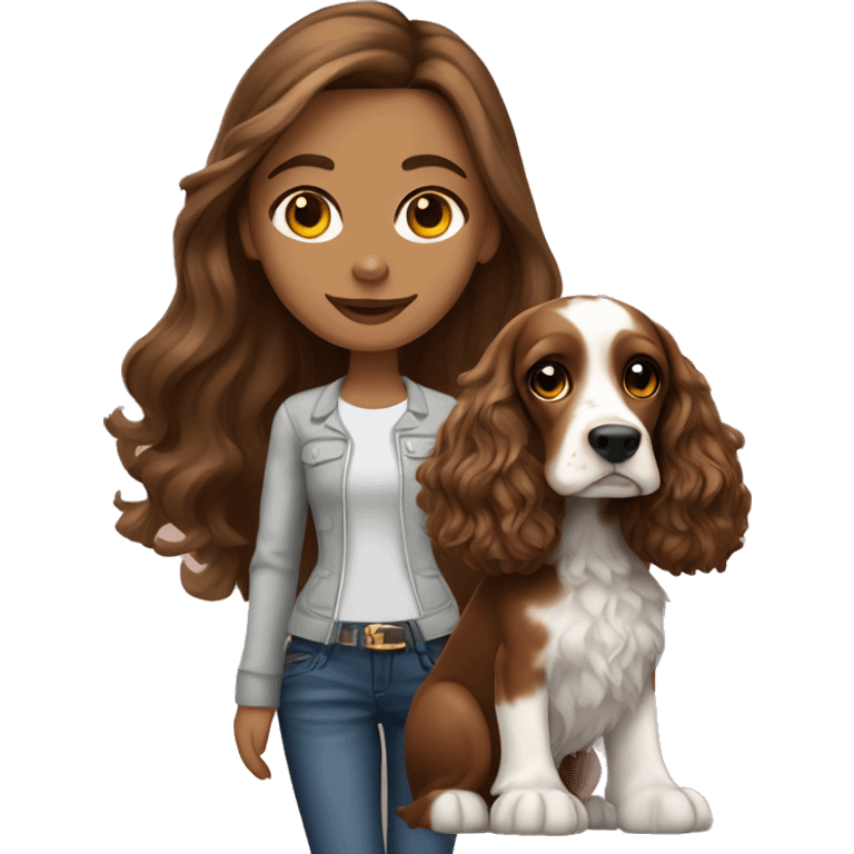 Beautiful stylish girl with with long brown hair with English Cocker Spaniel emoji