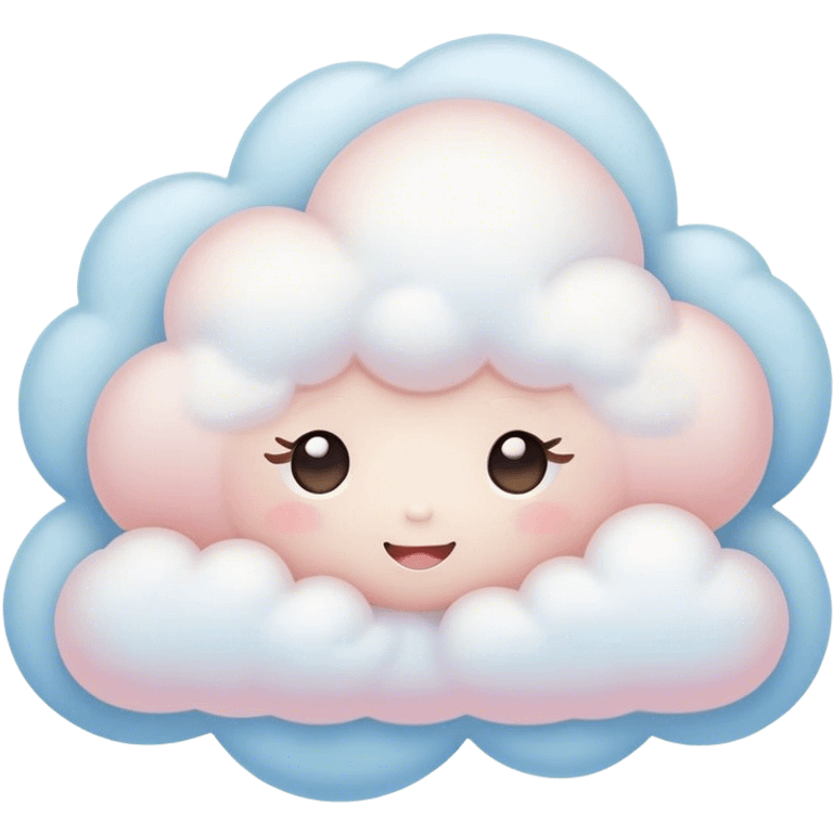 Cinematic tiny snuggly cloud, soft fluffy texture, gentle glowing edges, cute blushing cheeks, floating peacefully in a pastel sky, warm and dreamy. emoji