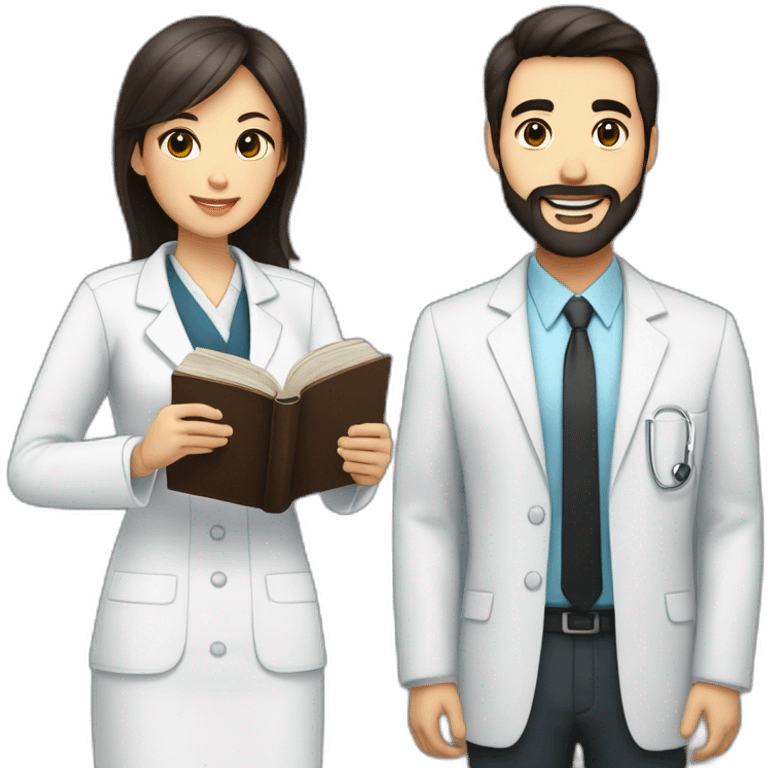 husband american man with dark brown hair and trimmed beard wearing a business suit holding a bible, wife to woman asian middle age with black shoulder length hair wearing a nurse uniform emoji