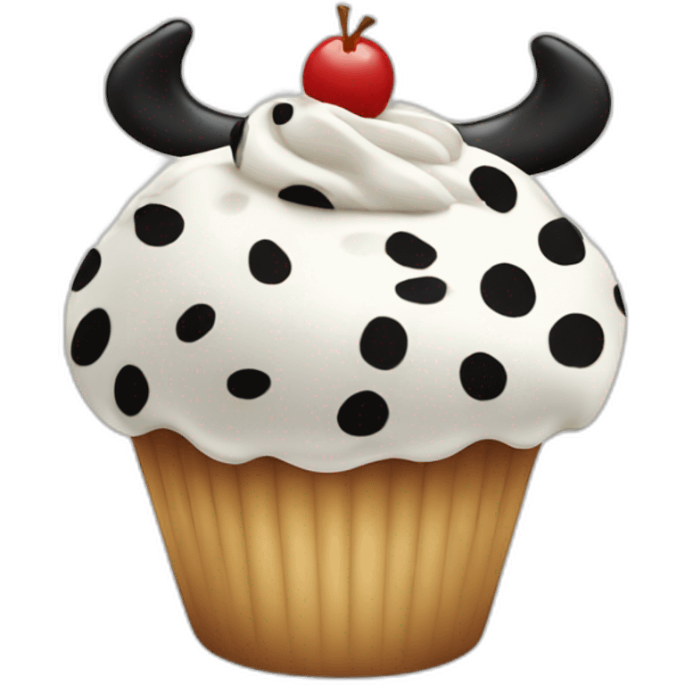 Happy cupcake with black and white cow spots emoji