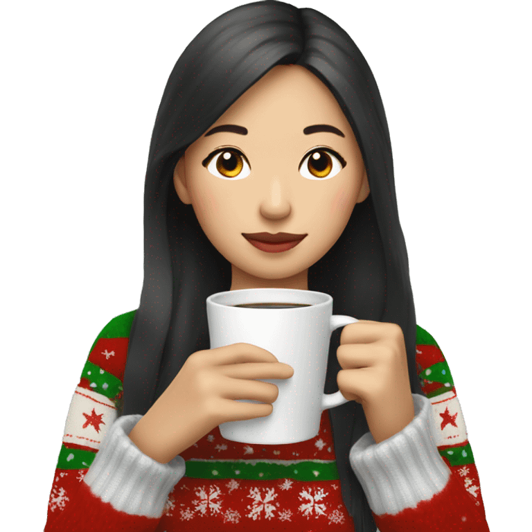 asian girl drinking coffee wearing Christmas sweater emoji