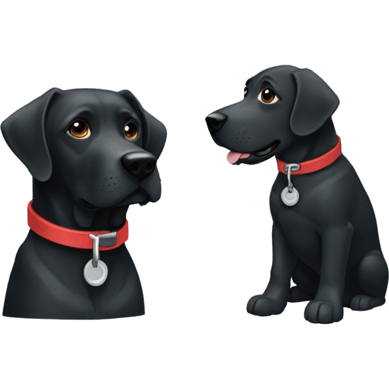 2 dogs, black labradors. one on the left smaller. The dog on left with a light blue collar. dog on right with red collar. emoji