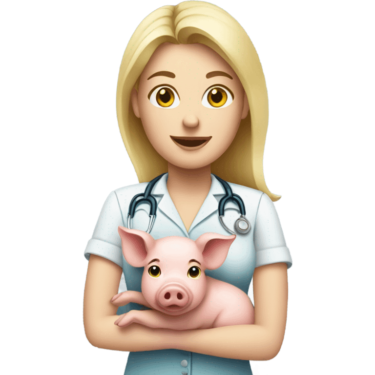 Female blonde vet holding a pig emoji