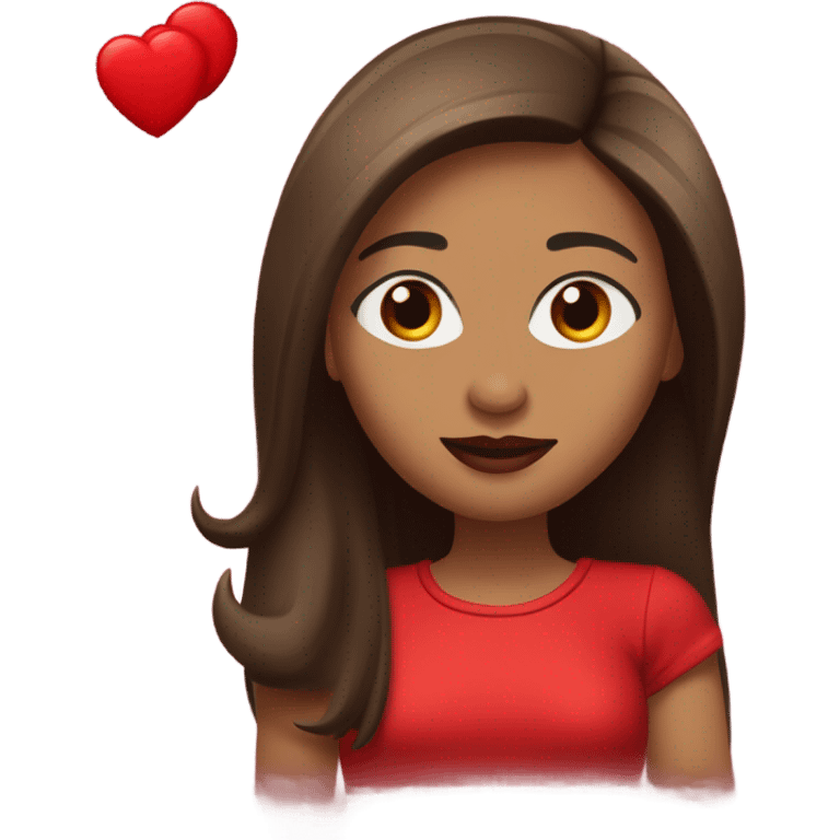 light brown lady, dark brown long straight hair, red lips, eyelashes, wearing red “happy Valentine’s Day” t shirt emoji