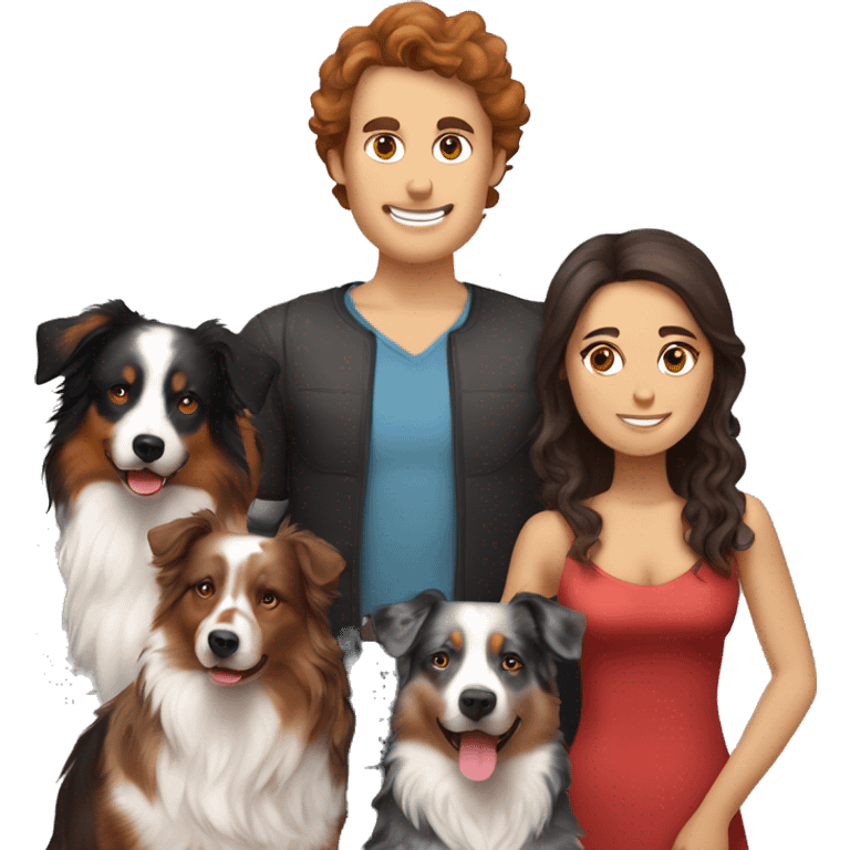 family group consisting of brunette long hair woman, hairless man , black tri Australian shepherd, red Merle Australian shepherd,  emoji