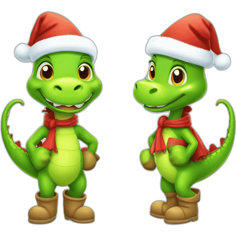 happy little green cartoon dragon of child, in winter, in work pants, in work clothes, in winter boots, in a Santa Claus hat, New Year, with presents emoji