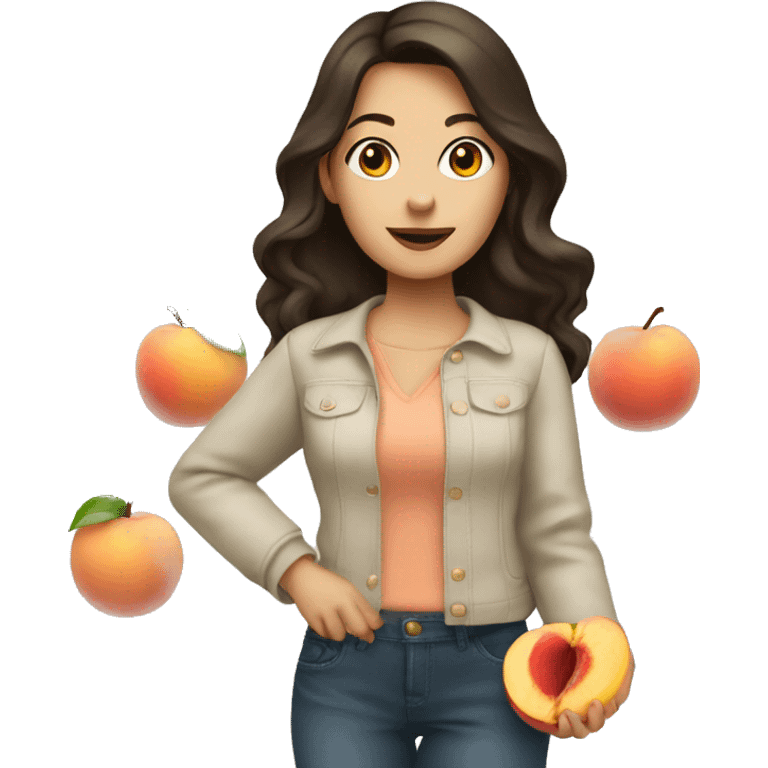 Brunette lady standing with a peach emoji