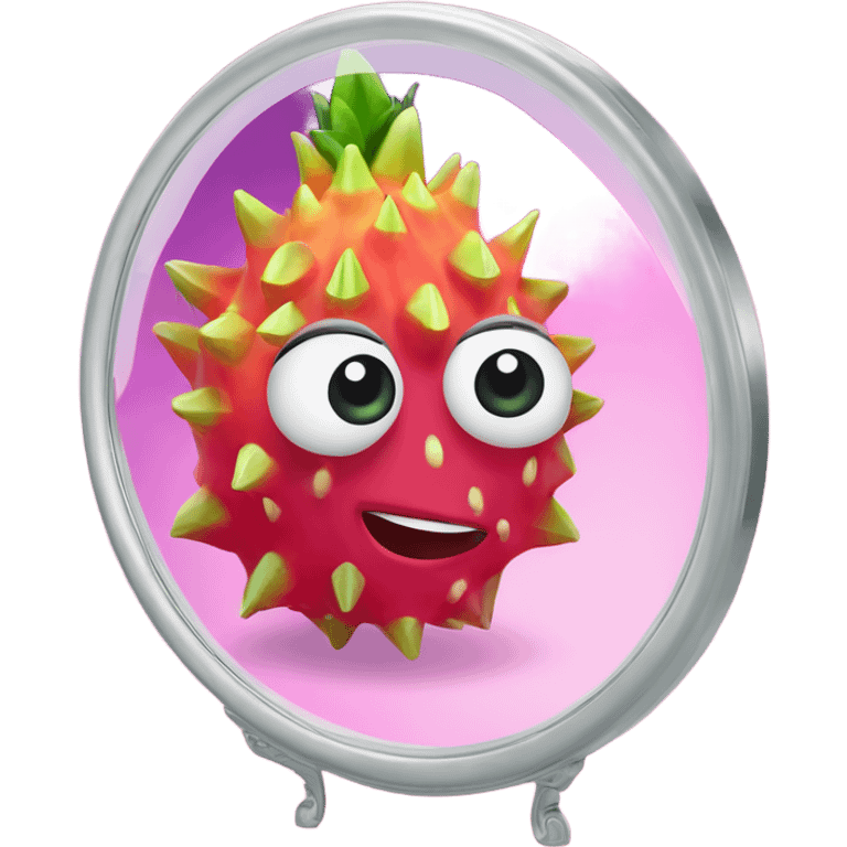 3D elegant Pitahaya with large shiny eyes 👀 one hand holds the mirror with its reflection 🪞 emoji