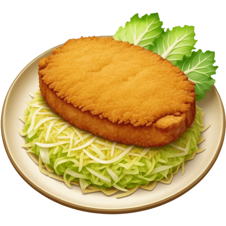 Cinematic Realistic Tonkatsu Dish Emoji, featuring a golden, breaded pork cutlet served with shredded cabbage rendered with rich textures and vibrant, dynamic lighting. emoji