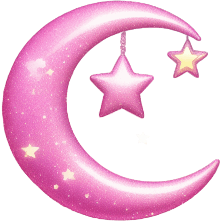 Pink sparkly crescent moon with star lights dangling  emoji