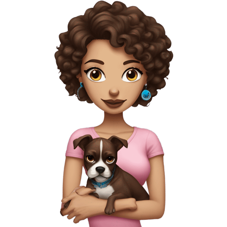 Beautiful tattooed curly dark brown haired woman holding a boxer dog and pink sphinx with blue eyes emoji