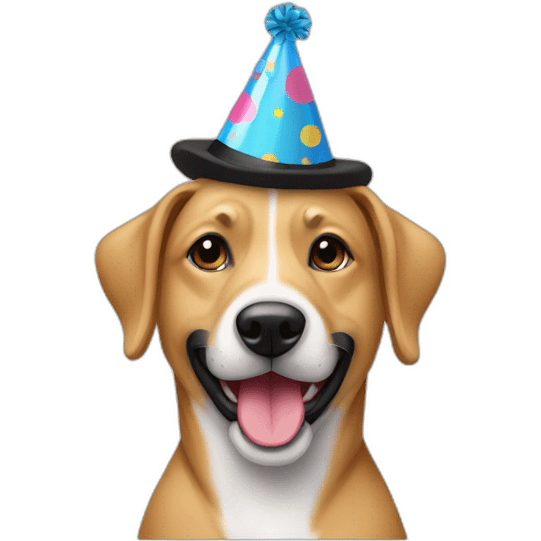 Tan mixed breed  dog with black muzzle wearing a birthday hat emoji