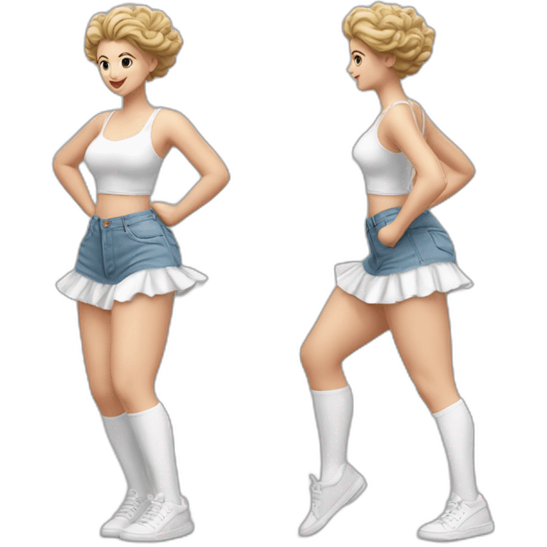 Hyperrealistic Full body Caucasian curvy beauty jumping short white skirt back and front views strong wind knickers long white socks emoji