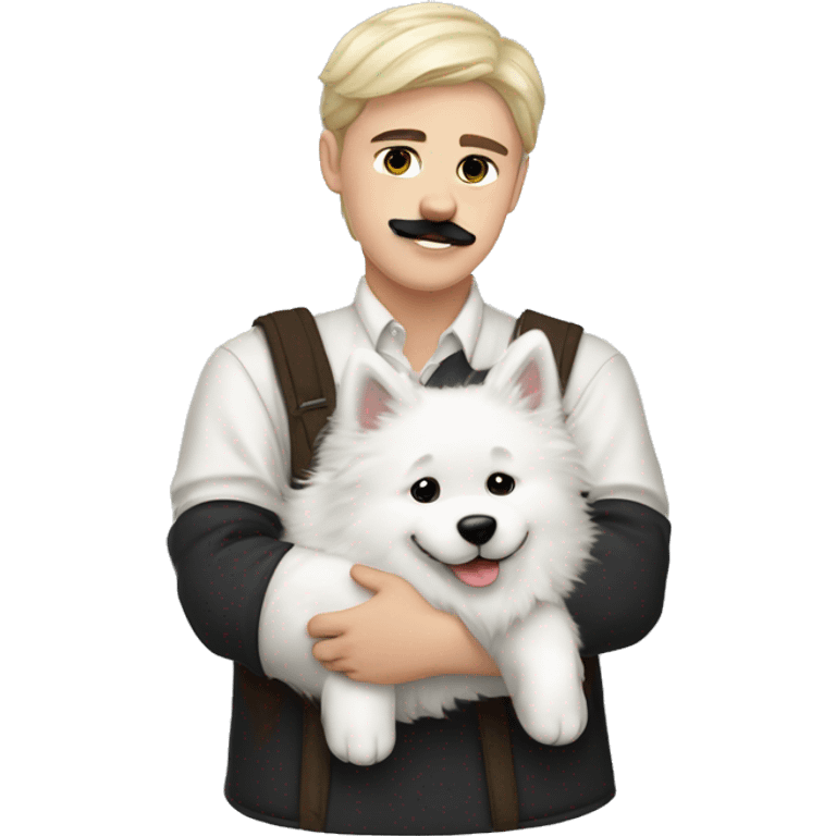 Slavic white boy with black hair and black mustache hugs Samoyed  emoji