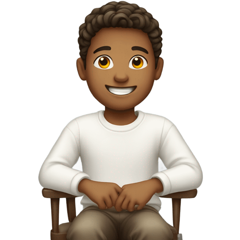 smiling boy in white sweater on chair emoji