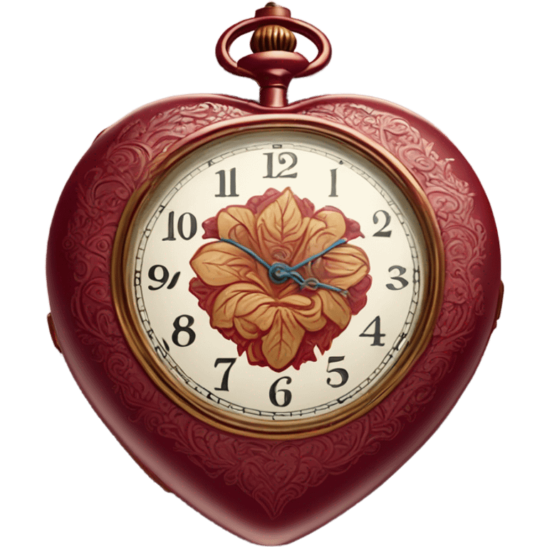 A heart-shaped pocket watch with an intricate floral engraving in crimson tones
 emoji