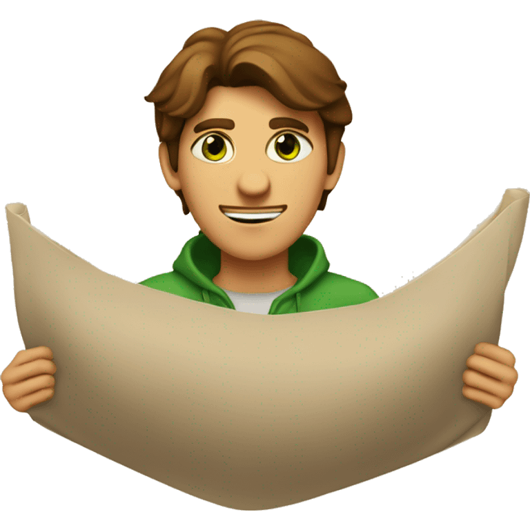 a light-skinned green-eyed man with brown hair sitting in front of the paper scroll  emoji