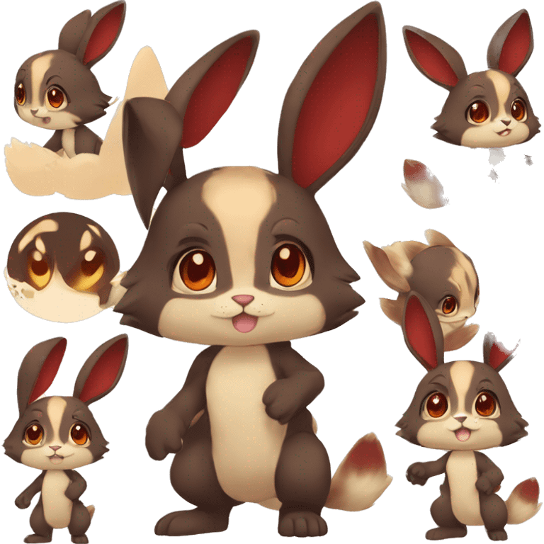 Cute, Chibi, Kemono-style, Anthro, Fur-Sona, Dark-Brown, Normal-type-Ground-type Tan-Rabbit-Fakémon with Dark-Red eyes, beige belly, beige paws, beige feet, beige freckles, full body emoji