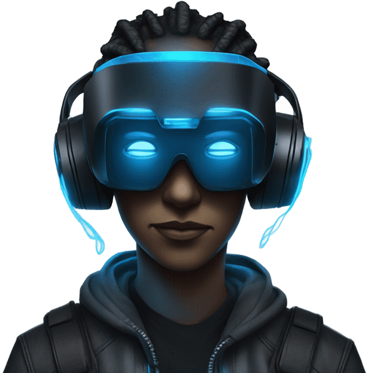 cyberpunk hacker wearing black vr headset, with blue neon lights emoji