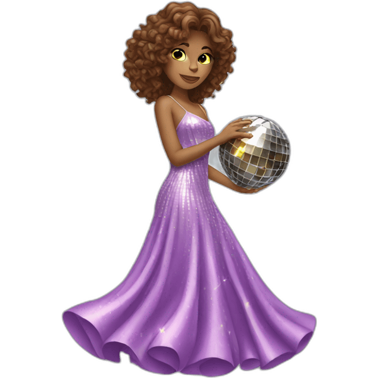 female with brown wavy hair dressed in a party dress and disco ball emoji