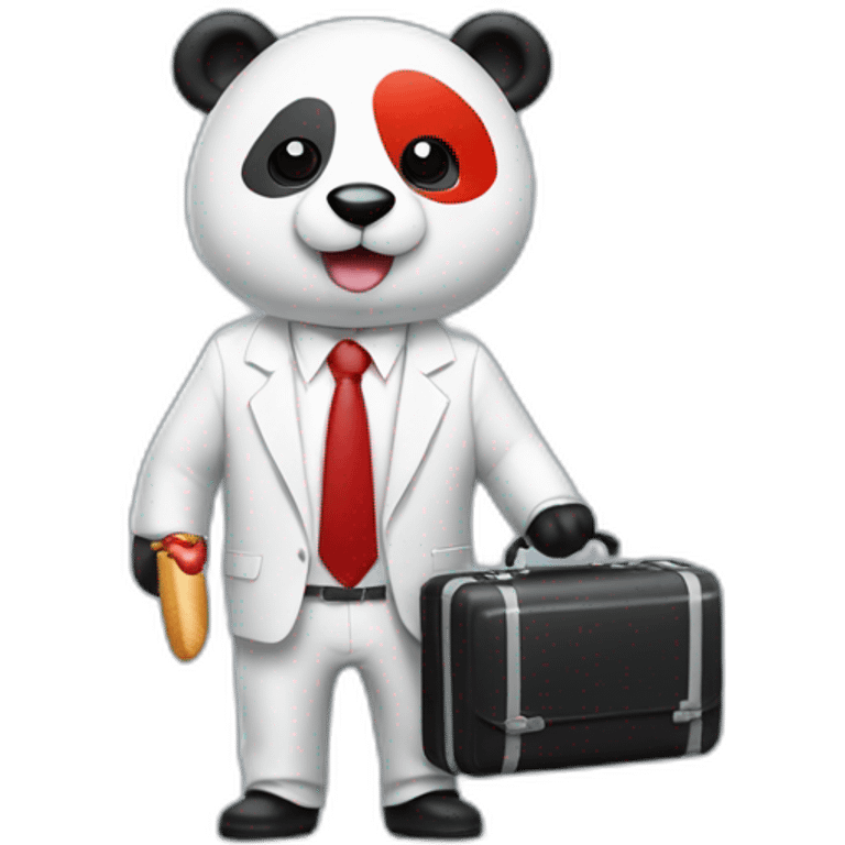 A professor with white suit and red tie and a panda face eating a hotdog and holding a black suitcase emoji