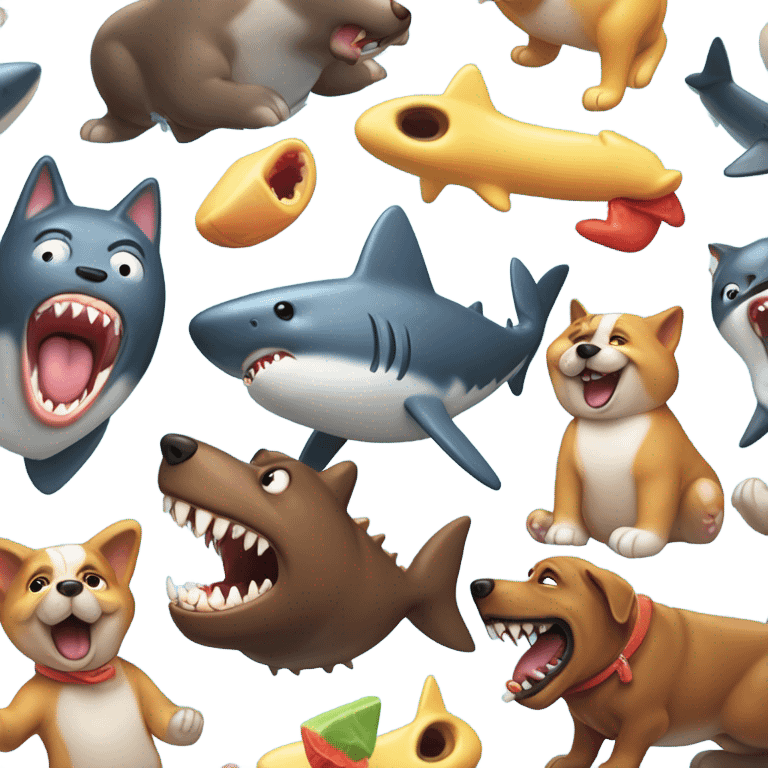 gummy bear eating a shark while shark is eating a dog while the dog is eating a cat and sad ant is flossing emoji