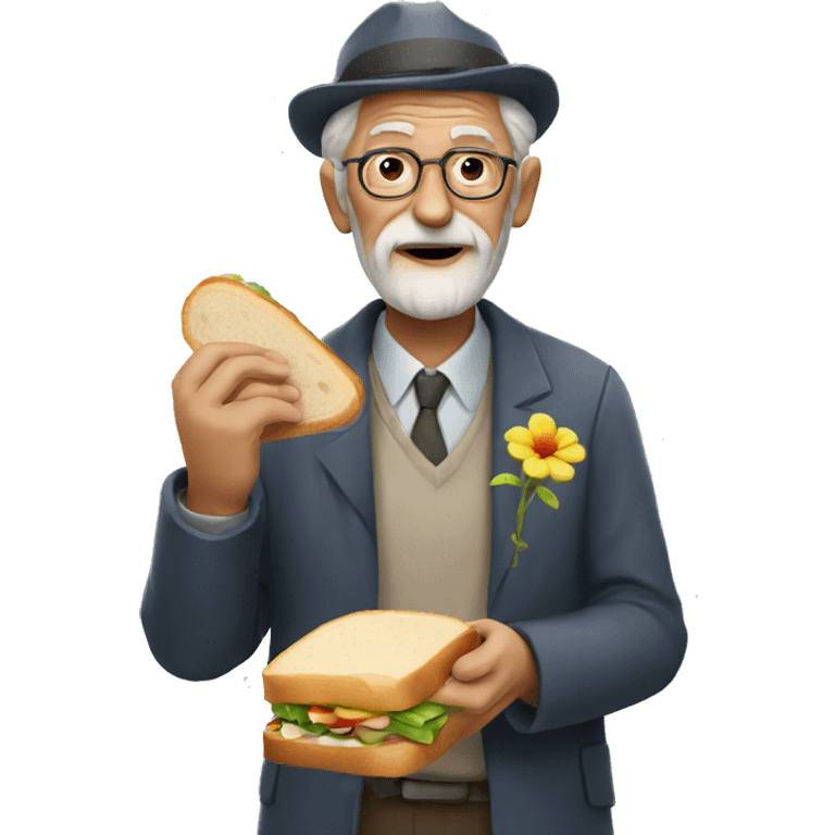 old man with a flower on his hand and a sandwich in his hand emoji