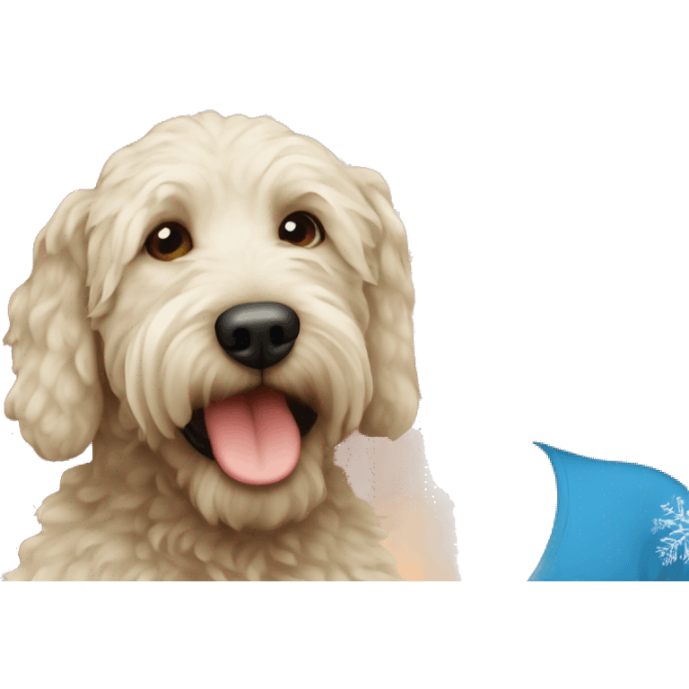 blonde blue eyed girl with her labradoodle on christmas emoji