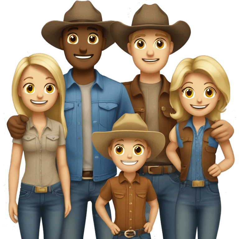 Family of five, all with cowgirl hats on, 2 blonde teenagers, 1 light brown haired mom, 1 little boy with brown hair and a brown hair dad emoji