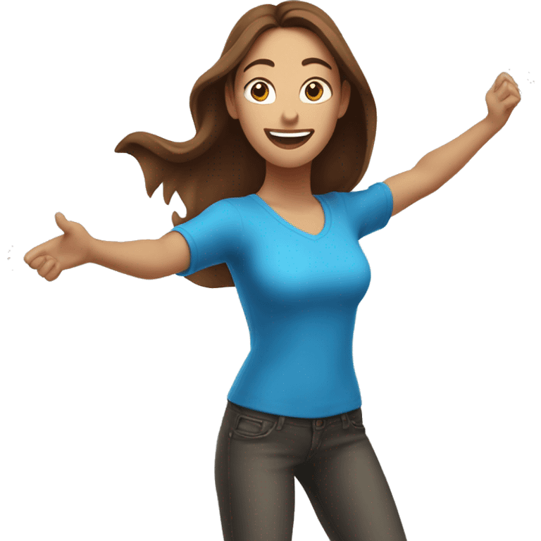 excited woman with long brown hair with arms raised above head blue eyes emoji