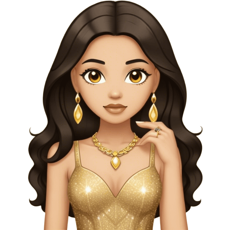 light skin woman with half long dark hair in gold sparkle dress with gold jewelry emoji