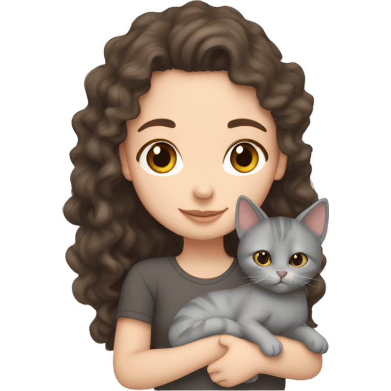 White Girl curly brunette hair cuddling with grey cat emoji