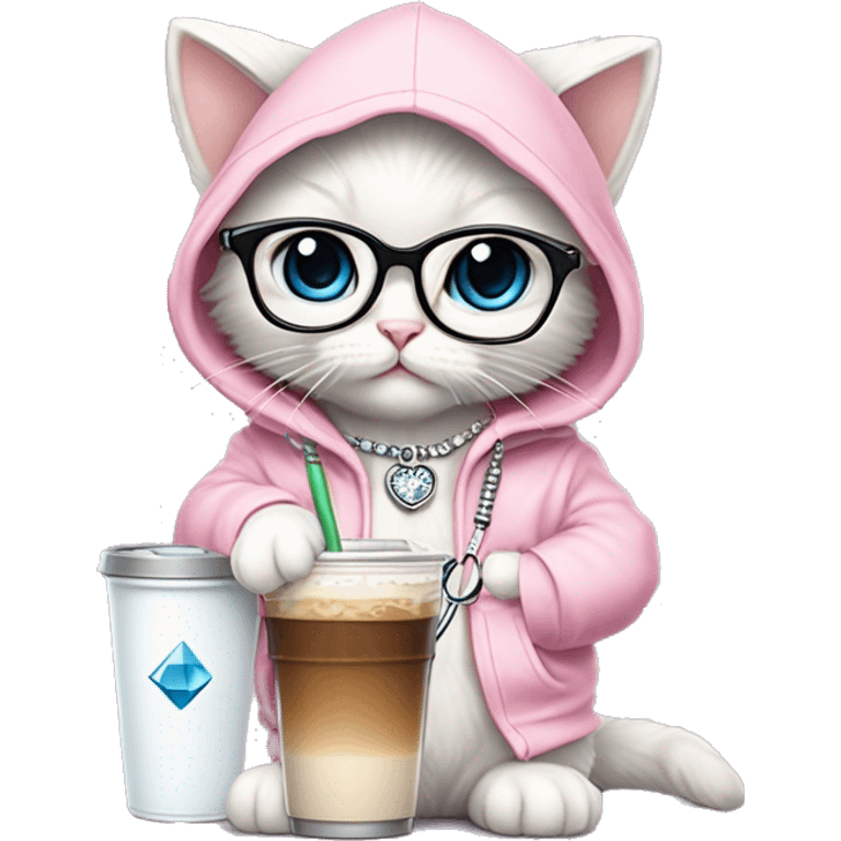 White rag doll kitten wearing a fancy light pink hoodie and a diamond filled stethoscope necklace and wearing clear glasses and holding iced coffee  emoji