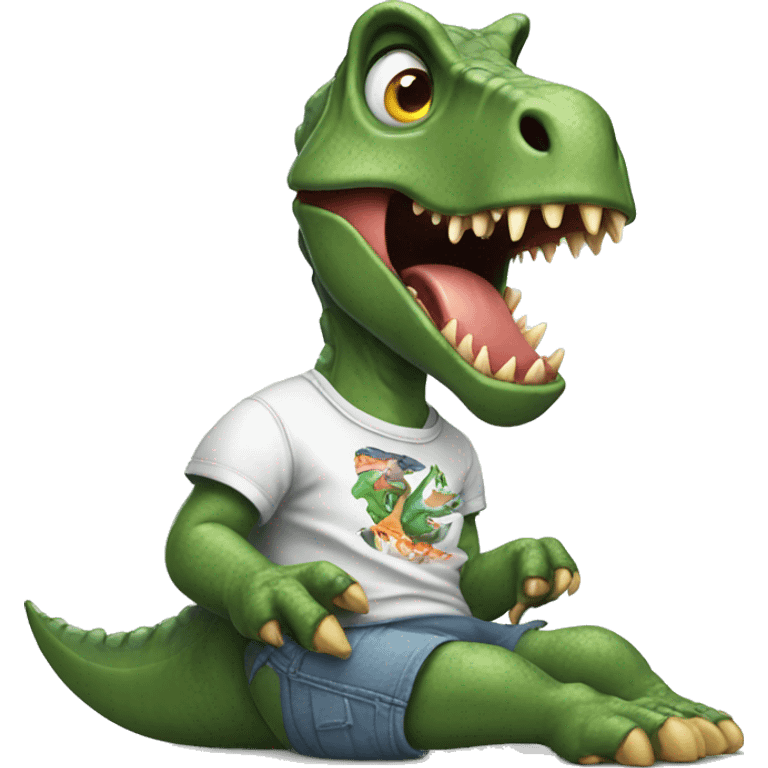 crazy dinosaur eating leg with cool shirt on emoji