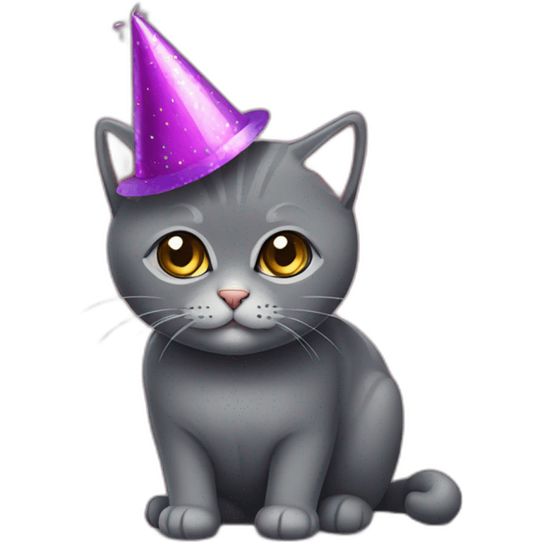 Dark Grey British short hair cat wearing a party hat emoji