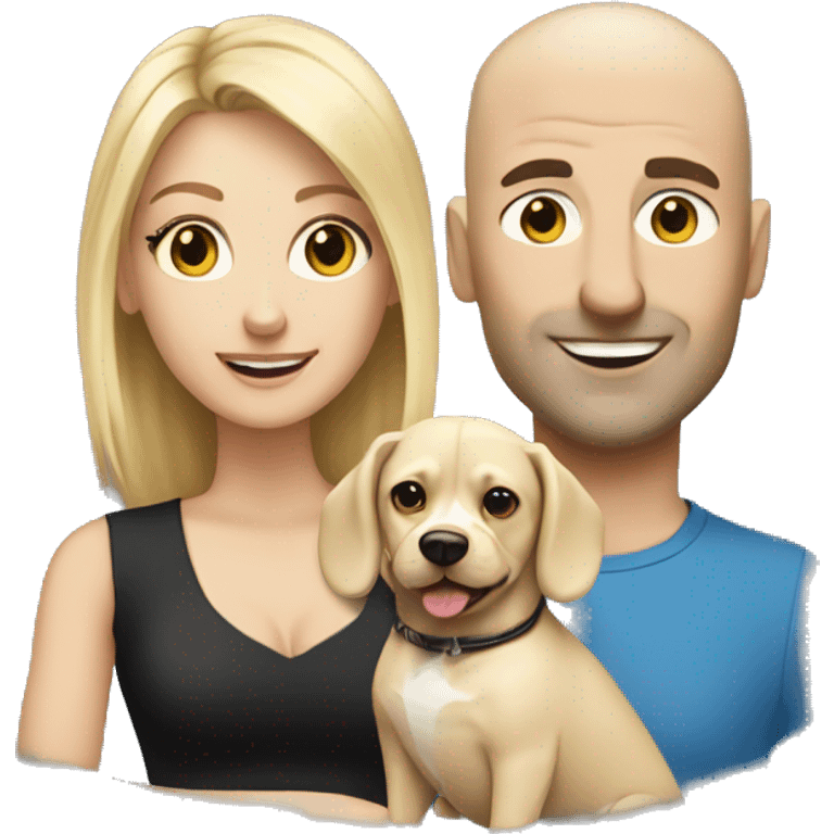 Bald Caucasian man and blonde woman with two small dogs, one white and one white and black emoji