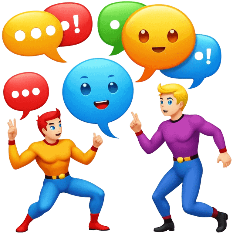 Comic drawing, bold lines, colorful speech bubbles, vibrant characters, dynamic action, bright colors, traditional comic book style, minimalistic design, on a white background. emoji