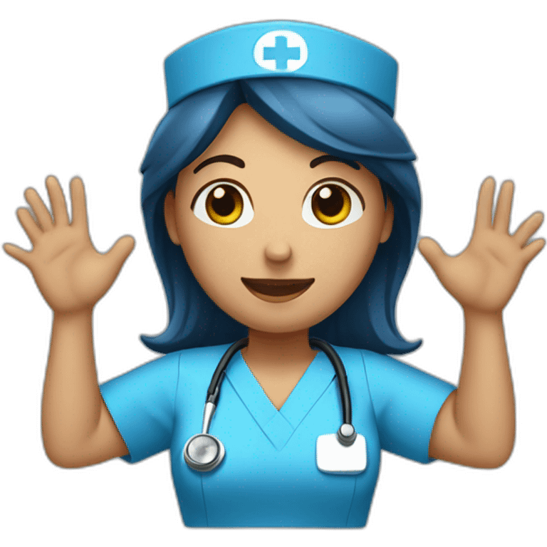 nurse with blue scrubs with hands up emoji